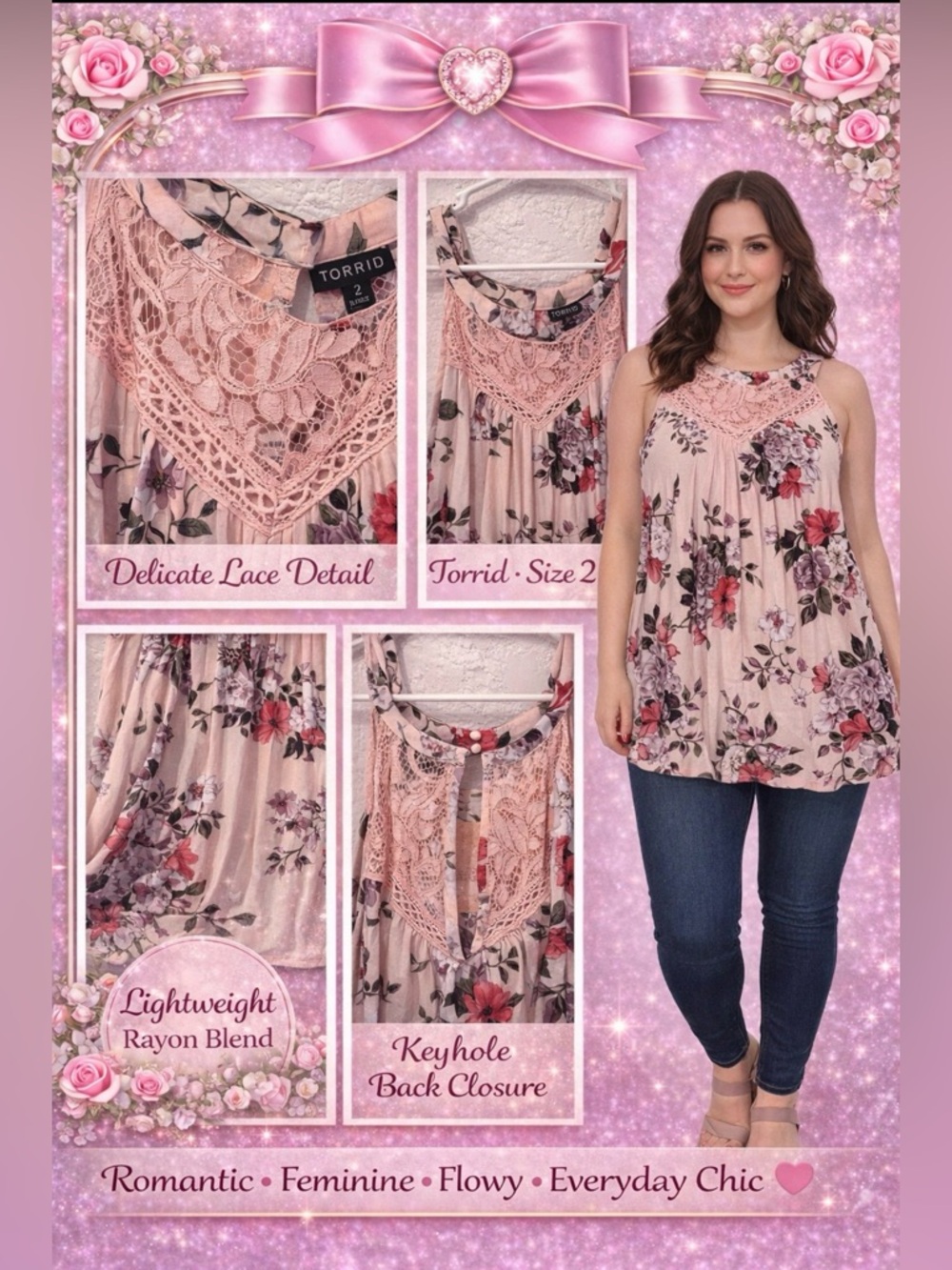 torrid Pink Floral Lace Tunic Top EUC
